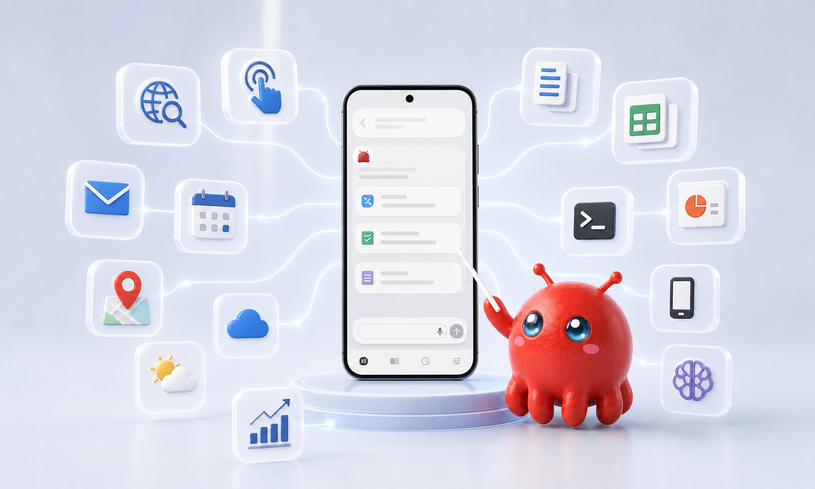 Abstract network of Mobile Claw specialist agents around a phone